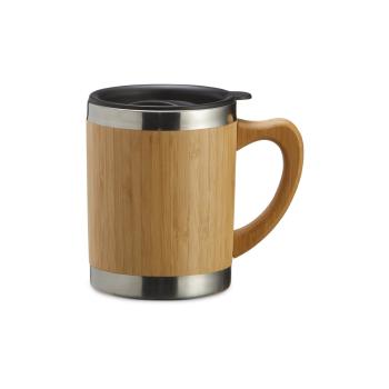 Caneca de Bambu 300ml contém tampa plástica com bocal e trava de segurança.