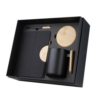 Kit Escritório Caderno, Porta-Copos em Bambu e Caneca Ceramica 550ml