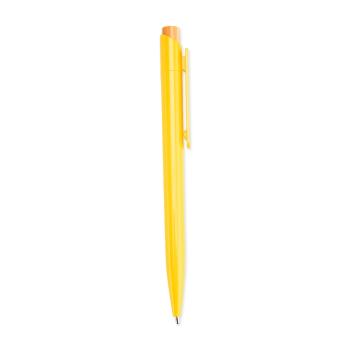 Caneta Plástica com acionamento por clique feito em bambu e carga esferográfica azul de 1,0mm.