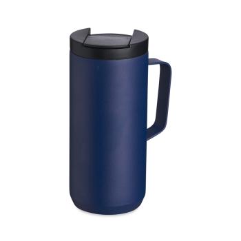 Caneca Térmica 350ml contém base antiderrapante e tampa plástica com bocal e trava de segurança.