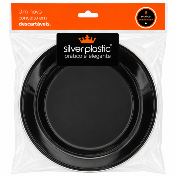 PRATO REFEICAO PRETO BORDA PRATA