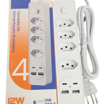 SOC-12782 - FILTRO DE LINHA, COM QUATRO TOMADAS, 2 PORTAS USB, 2 PORTAS TIPO C DE 2 METROS