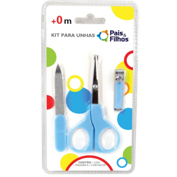 KIT PAIS E FILHOS TESOURA + CORTADOR DE UNHA + LIXA AZUL
