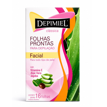 FOLHAS DEPILATÓRIAS FACIAL DEPIMIEL CLÁSSICA VITAMINA E, ALOE VERA E JOJOBA C/16