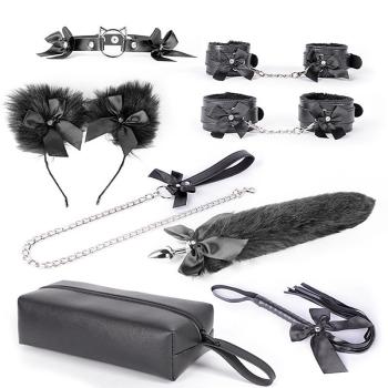 kit Sado com Estojo - Algema, Tornozeleira com Corrente, Chicote / Rabo de raposa - 8435