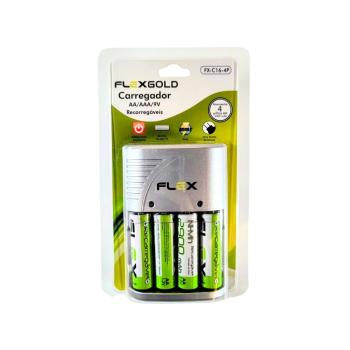 Carregador Rápido Automático + 4 Pilhas Aa Flexgold 2900mah 7908417105550
