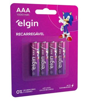 PILHA AAA PALITO RECARREGÁVEL 1000MAH CARTELA 4 PEÇAS ELGIN 7897013536076