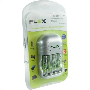 CARREGADOR RÁPIDO + 4 PILHAS AAA FLEXGOLD 1100MAH 7898615154989