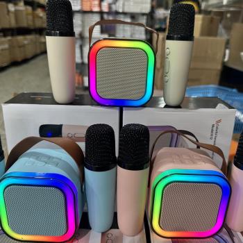 Mini Caixa De Som Com 2Microfone Sem Fio Bluetooth Karaokê com luz