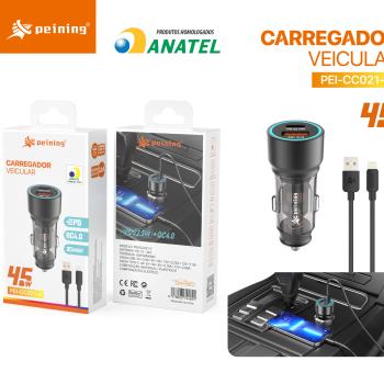 Carregador Veicular USB + Tipo-C 45W Peining PEI-CC021-2 – Com Cabo IP- Peining