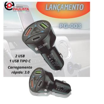 CARREGADOR CELULAR 12/24V 2 USB+1 TIPO C TUR