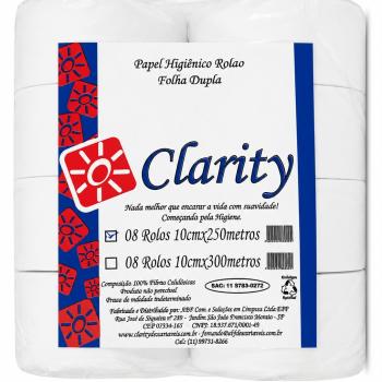 PAPEL HIGIÊNICO ROLÃO FOLHA SIMPLES  100% CELULOSE 9X300M PACOTE COM 8 ROLOS CLARITY