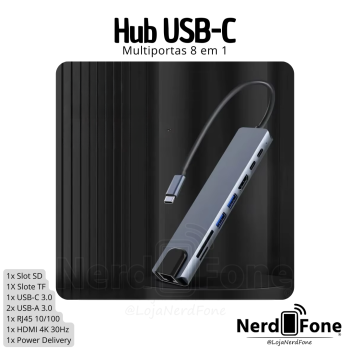 HUB USB-C 8 EM 1 (HDMI/2xUSB-A/RJ45/USB-C/SD/mSD/PD)