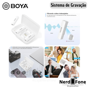 SISTEMA LAPELA SEM FIO DUPLO 3 EM 1 WT BOYA; 3.5MM/USB-C/LIGHTNING