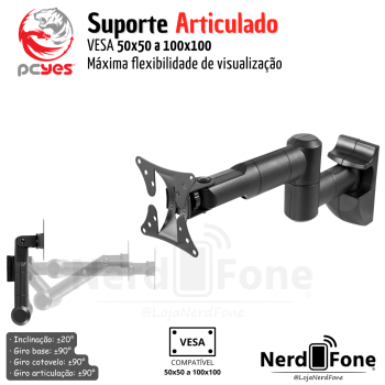 SUPORTE DE PAREDE ARTICULADO PCYES; TV/MONITOR VESA ATÉ 100X100