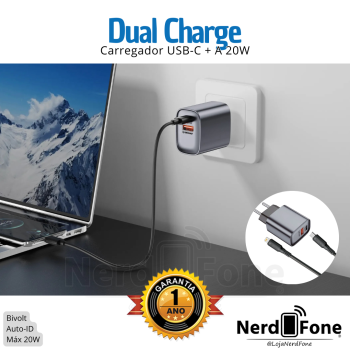 KIT CARREGADOR USB-C + USB-A 20W HR; CABO USB-C x LIGHTNING 1M