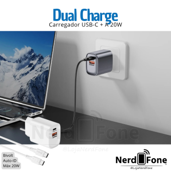 KIT CARREGADOR USB-C + USB-A 20W HR; CABO USB-C x USB-C 1M