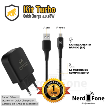 KIT CARREGADOR TURBO SLIM 18W GSHIELD; CABO 1,5M KEVLAR USB-A/USB-C