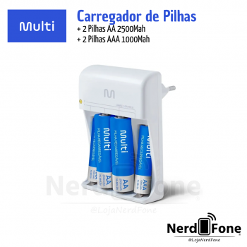 CARREGADOR DE PILHAS AA/AAA MULTILASER; C/ PILHAS 02 AA e 02 AAA