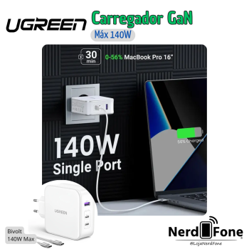 KIT CARREGADOR DE VIAGEM MAX 140W UGREEN; FONTE + CABO USB-C/USB-C 1,5METROS