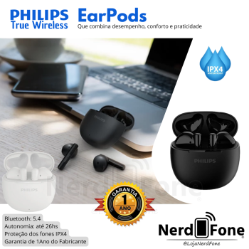 FONE TWS 5.4 IPX4 BLACK; PHILIPS MODELO ABERTO;