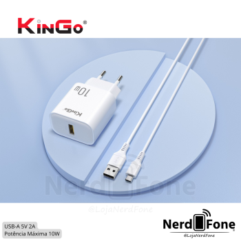 KIT CARREGADOR USB-A 2A KINGO; CABO USB-A X USB-C