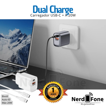 KIT CARREGADOR USB-C + USB-A 20W HR; CABO USB-C x USB-C 1M