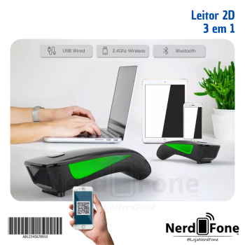 LEITOR DE CODIGOS 2D 3 em 1; BT, 2.4GHZ e CABO