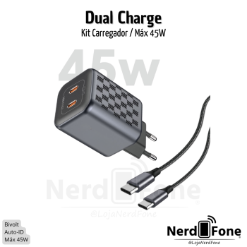 KIT CARREGADOR USB-C + USB-A 45W HR; CABO USB-C x LIGHTNING 1M