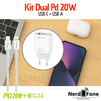 KIT CARREGADOR 20W QC 3.0 + USB-C PD PEINING; CABO 1M USB-C