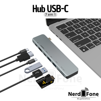 HUB USB-C 7 EM 1 HR;  2xUSB 3.0/HDMI 4K/PD100W/USB-C/SD/TF