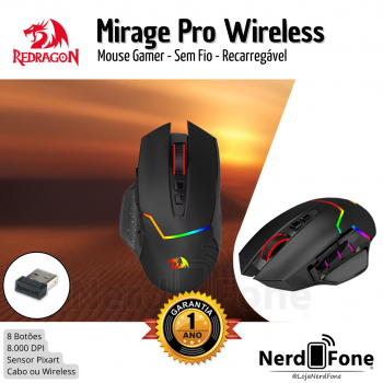 MOUSE GAMER REDRAGON MIRAGE PRO WIRELESS, RGB, 8000 DPI, 8 BOTOES, PRETO