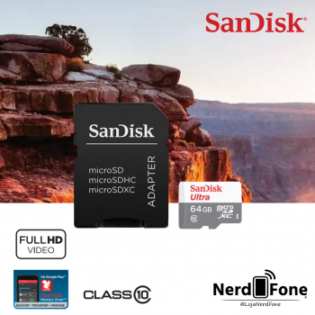 CARTÃO MICRO SD SANDISK ULTRA; CLASSE 10 FHD mSD 064GB