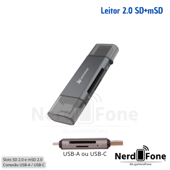 ADAPTADOR LEITOR DE CARTAO 2 EM 1 USB-A + USB-C PEINING