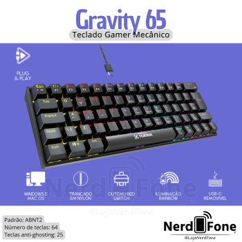 TECLADO MECÂNICO OUTEMU RED; FORTREK GRAVITY 65% PRETO