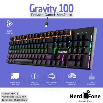TECLADO MECÂNICO GRAVITY FORTREK; 100% FULL GAMER OUTEMU RED