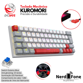 TECLADO MECANICO 60% SWITCH BLUE, LED RAINBOW; PCYES KUROMORI WHITE GHOST