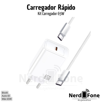KIT CARREGADOR USB-C 65W HR; CABO USB-C x USB-C