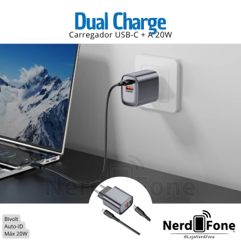 KIT CARREGADOR USB-C + USB-A 20W HR; CABO USB-C x LIGHTNING 1M