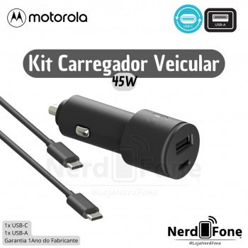 KIT CARREGADOR VEICULAR 45W DUPLO USB-A/USB-C MOTOROLA; CABO USB-C 1M