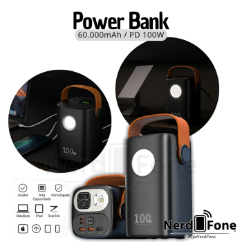 CARREGADOR BATERIA PORTATIL TURBO PD 100W; HR 60.000mAh