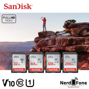 CARTÃO SD SANDISK ULTRA; CLASSE 10 FHD P/ CÂMERA; 100MB/S