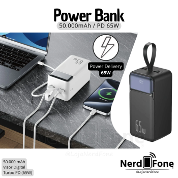 CARREGADOR BATERIA PORTATIL TURBO PD 65W; HR 50.000mAh