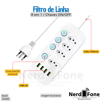 FILTRO DE LINHA 10A BIVOLT 8 EM 1 B-MAX; CABO 2 METROS