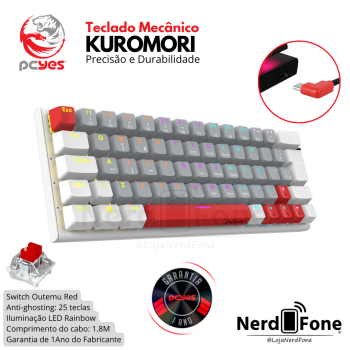 TECLADO MECANICO 60% SWITCH RED, LED RAINBOW; PCYES KUROMORI WHITE GHOST