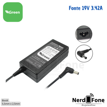 FONTE CARREGADOR NOTEBOOK 19V 3.42A 5.5x2.5MM (PINO FEMEA) GREEN