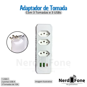 ADAPTADOR DE TOMADA 10A 2500W; 3 TOMADAS + 3 USBs