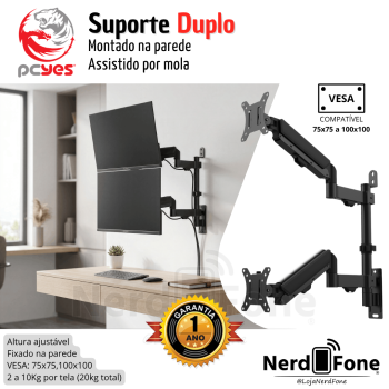 SUPORTE ARTICULADO PARA 2 MONITORES PCYES; VERTICAL COM MOLA MECÂNICA