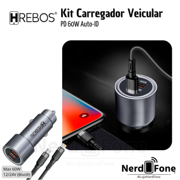KIT CARREGADOR VEICULAR 2x USB-C MAX 60W HREBOS; CABO USB-C X LIGHTNING