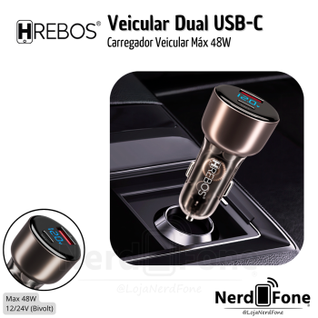 FONTE VEICULAR DUAL USB-C MAX 48W HREBOS